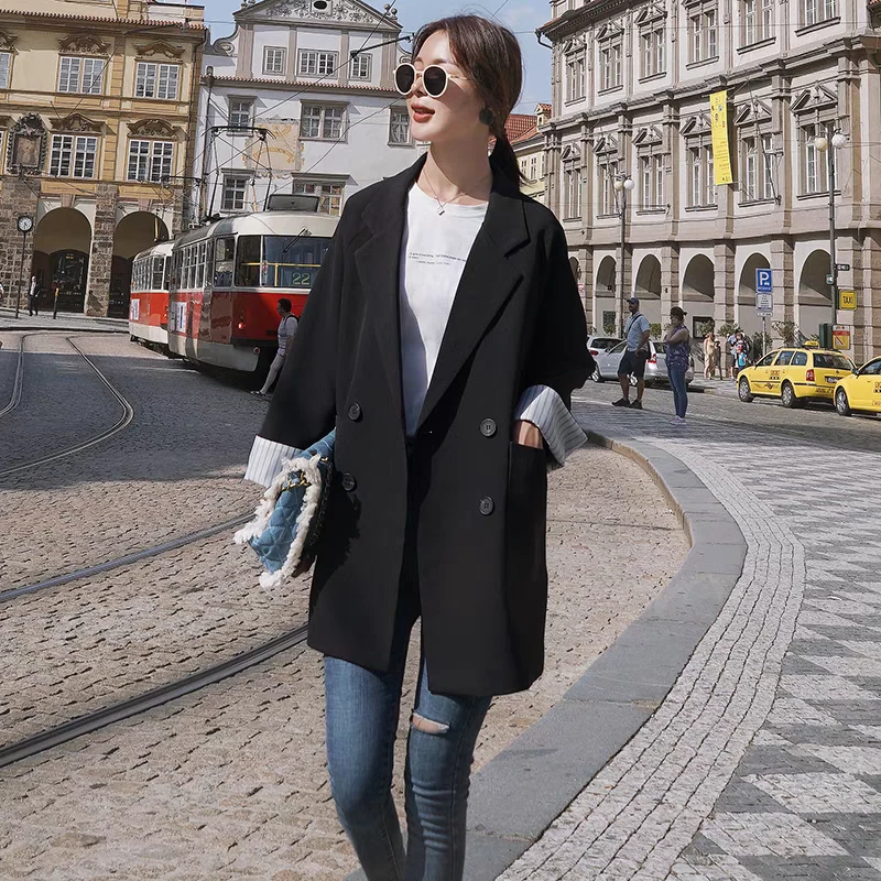 韩版宽松显瘦春秋小西服外套上衣宽松显瘦袖口撞色可翻袖口小西装