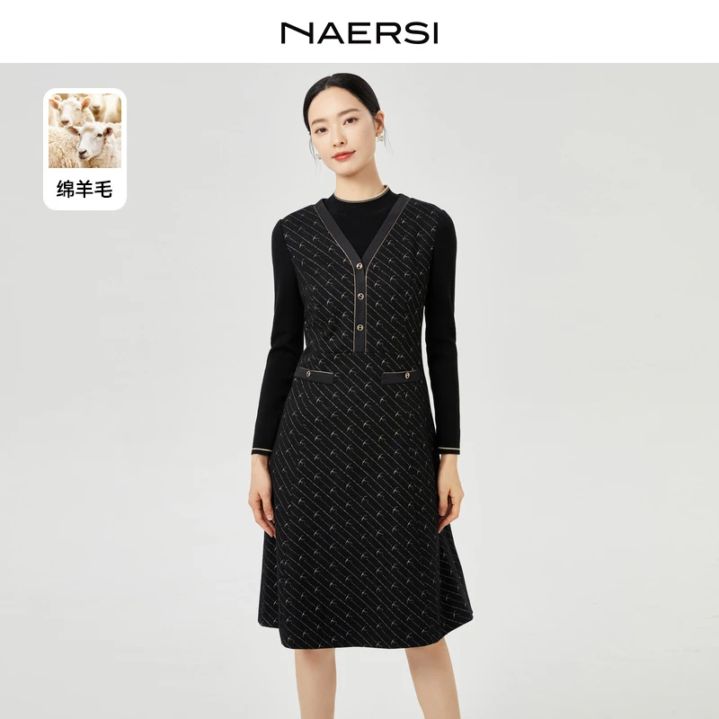 娜尔思小香风提花绵羊毛粗花呢针织优雅连衣裙NF08082W0