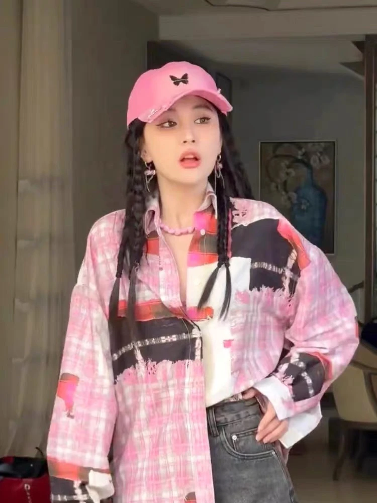 高级设计感小众格纹衬衫2024春夏季新款宽松长袖别致上衣