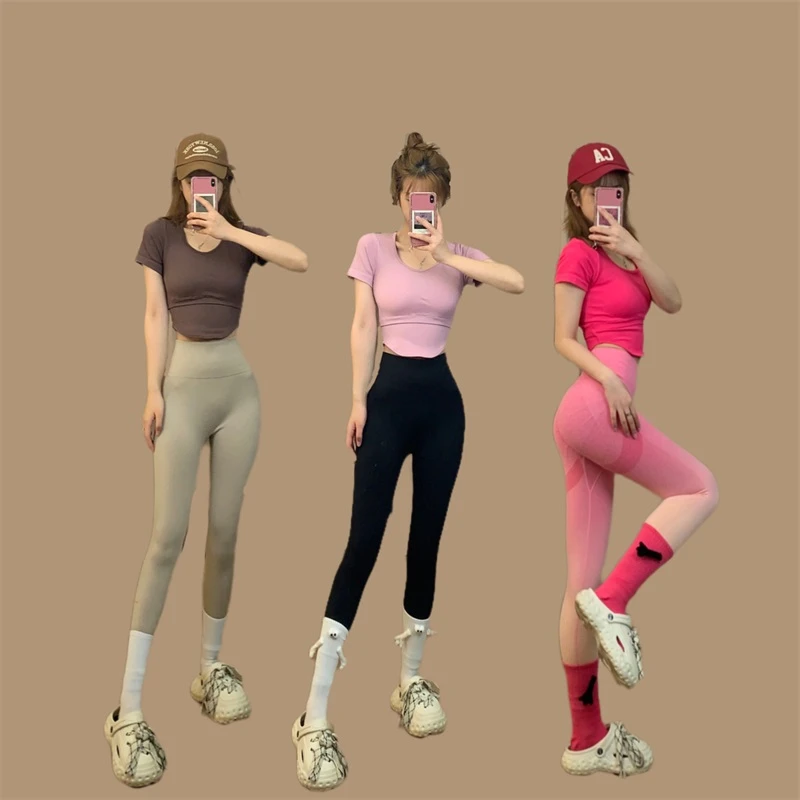 千淘（短袖）新款高级感一体式胸垫瑜伽服气质运动跑步紧身健身t恤