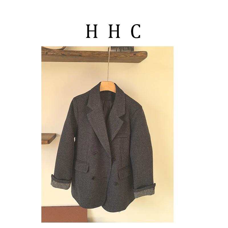 【花花菜】冬装新品时尚袖口撞色翻领双排扣毛呢西装外套