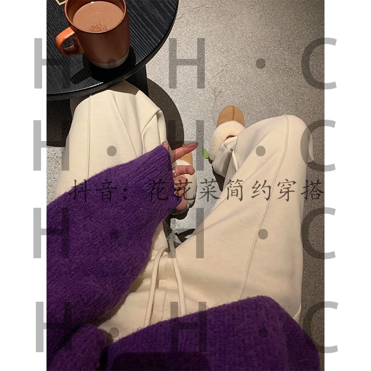 【花花菜】冬季极简风加绒休闲直筒长裤女