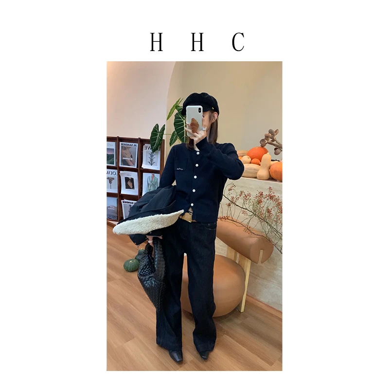 【花花菜】冬季新品 复古加绒高腰外侧双缝线阔腿直筒牛仔裤