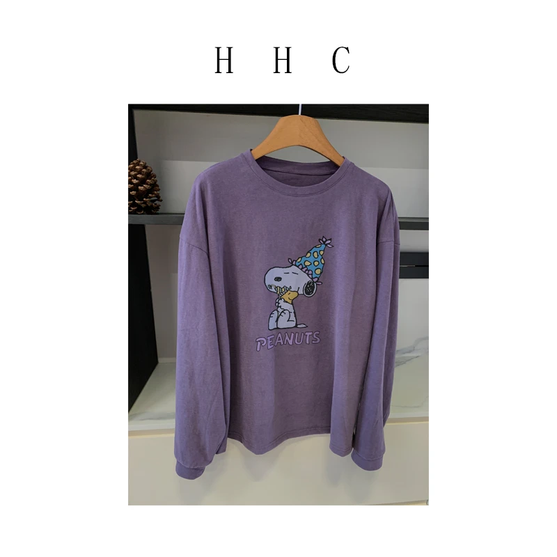 【花花菜】秋冬新品 韩系极简休闲百搭卡通印花圆领套头长袖T恤女