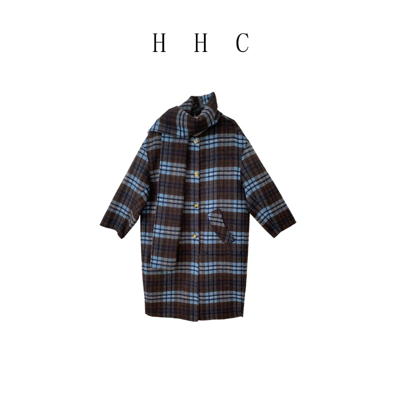 【花花菜】冬季新品 两面穿极简风中长款双面呢宽松格子大衣外套女