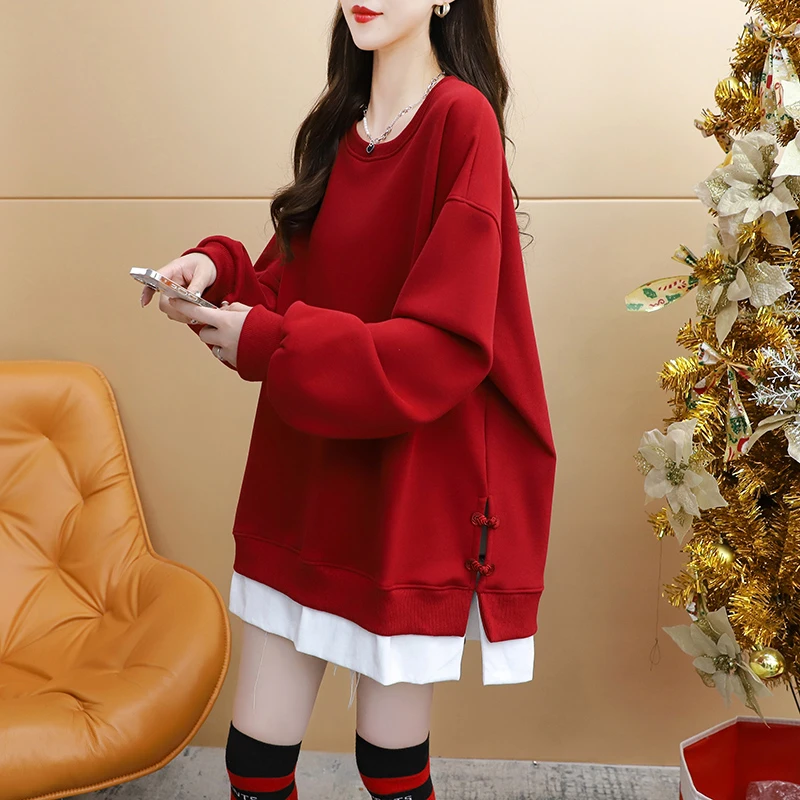网红拼接卫衣女秋冬慵懒风宽松假两件加绒加厚上衣2024红色战袍