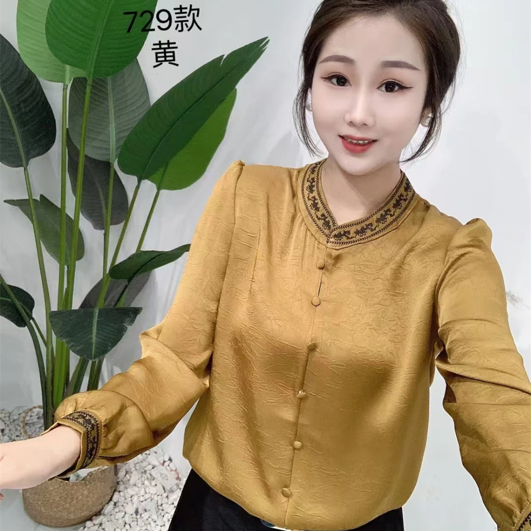 2024秋季新款设计感缎面衬衣女士长袖V领纯色洋气百搭衬衫上衣女