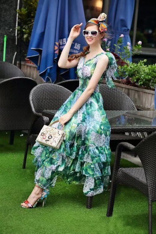 夏季法式中长款高腰印花女装连衣裙