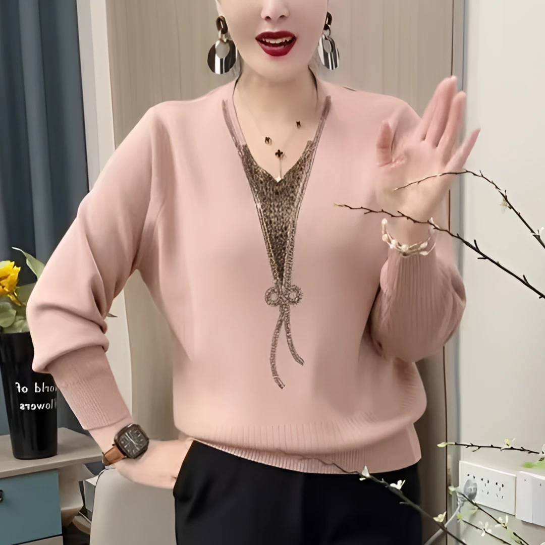 中老年妈妈冬季加厚打底衫2025新款宽松显瘦时尚烫钻拼接针织衫女