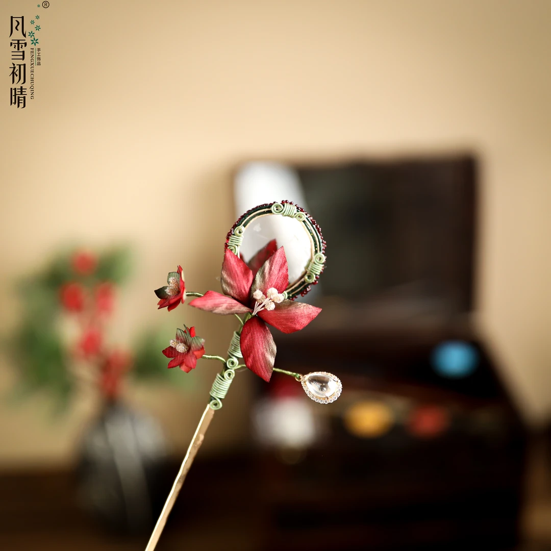 风雪初晴镜婉月发簪古风手工百搭复古简约日常国风发簪气质红色