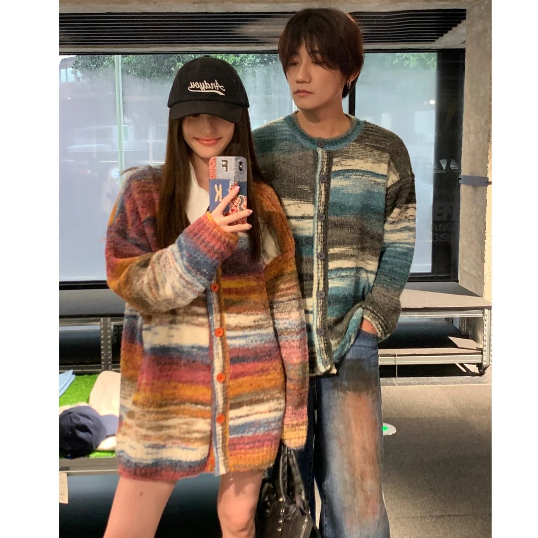 48h发 秋冬新款复古百搭针织毛衣女加厚慵懒风条纹情侣装外套宽松