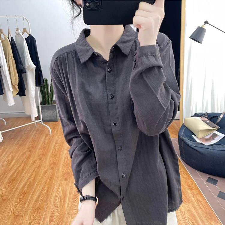 纯棉长袖衬衫女春秋新款韩版宽松显瘦上衣复古小众打底衬衣设计感