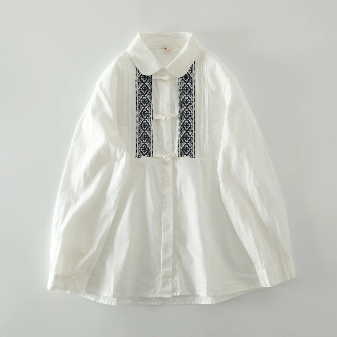 2023春季新款复古民族风刺绣盘扣设计感小众显瘦文艺圆领长袖衬衫