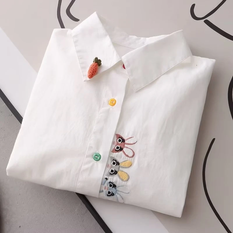 春季新款衬衫百搭文艺纯棉翻领胡萝卜兔子衬衫女生学院风长袖白色