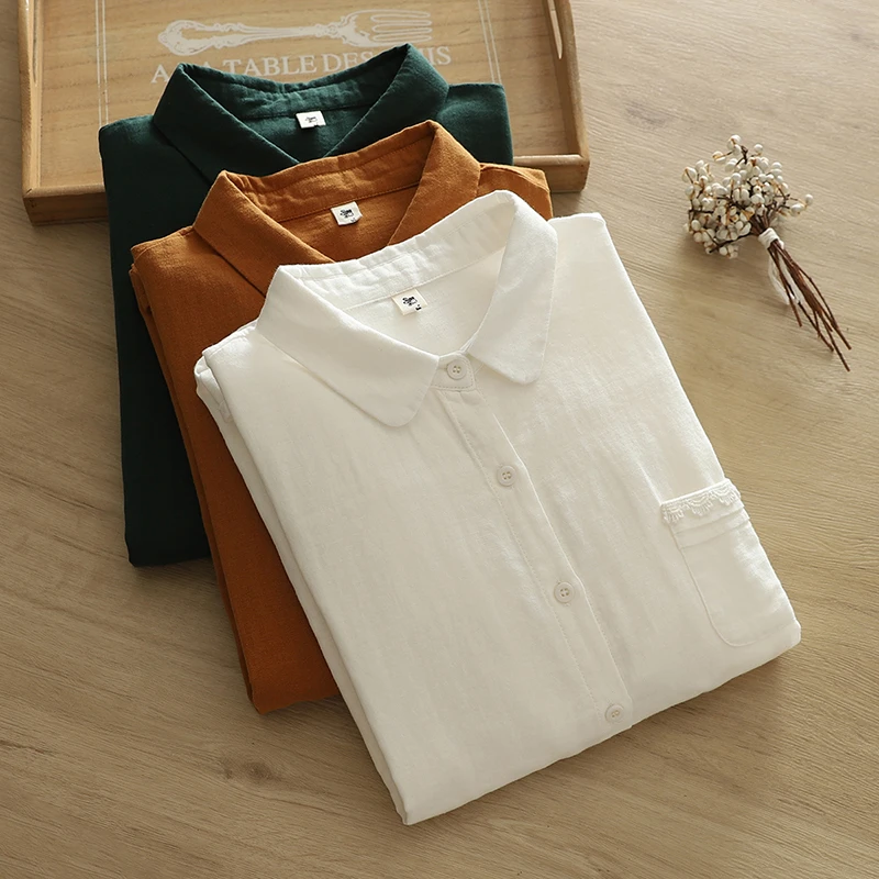 2023年文艺双层棉纱秋季新款上衣打底外套双层棉纱宽松长袖衬衫女