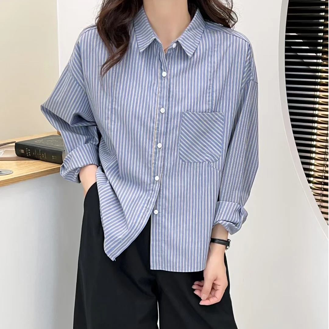 100高密棉 休闲条纹衬衫女春秋宽松设计感小众蓝色长袖百搭上衣