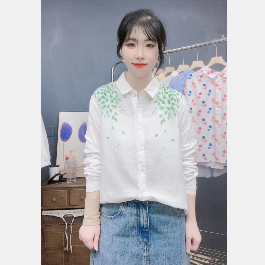 纯棉白衬衫 2024秋款女装文艺清新宽松休闲水彩晕染印花长袖衬衣