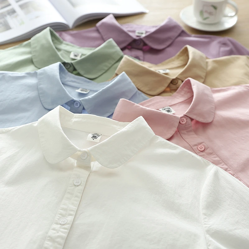 纯色春秋衬衫女长袖上衣时尚休闲打底简约百搭白色娃娃领衬衣