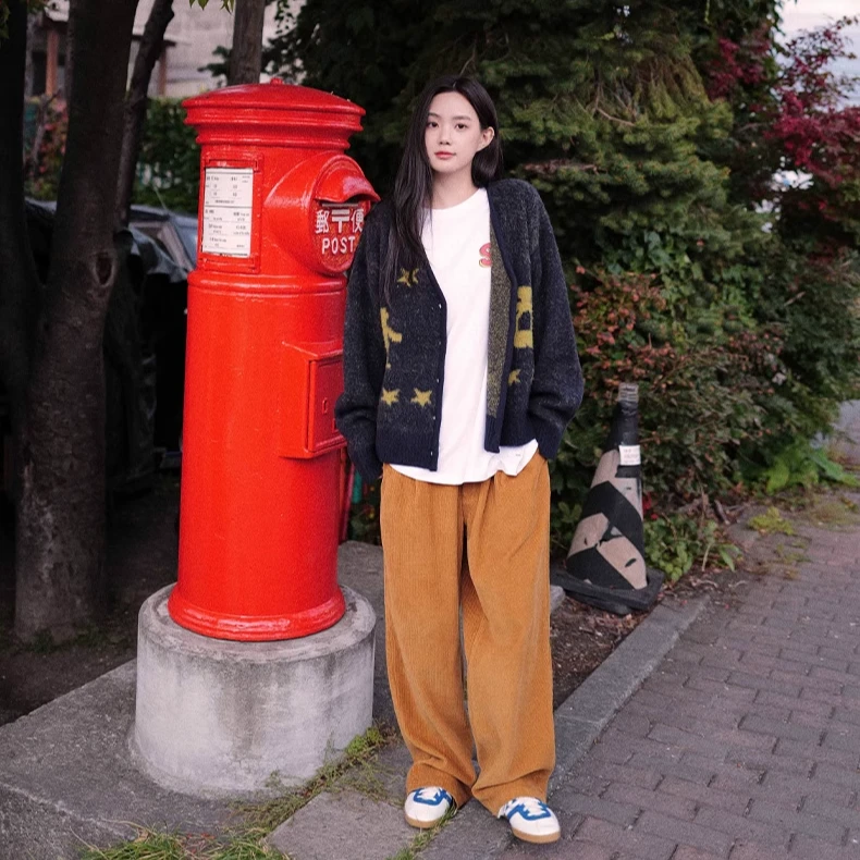 M9现货 SPELL冬季灯芯绒捏褶阔腿裤休闲宽松竖条纹抽绳裤女