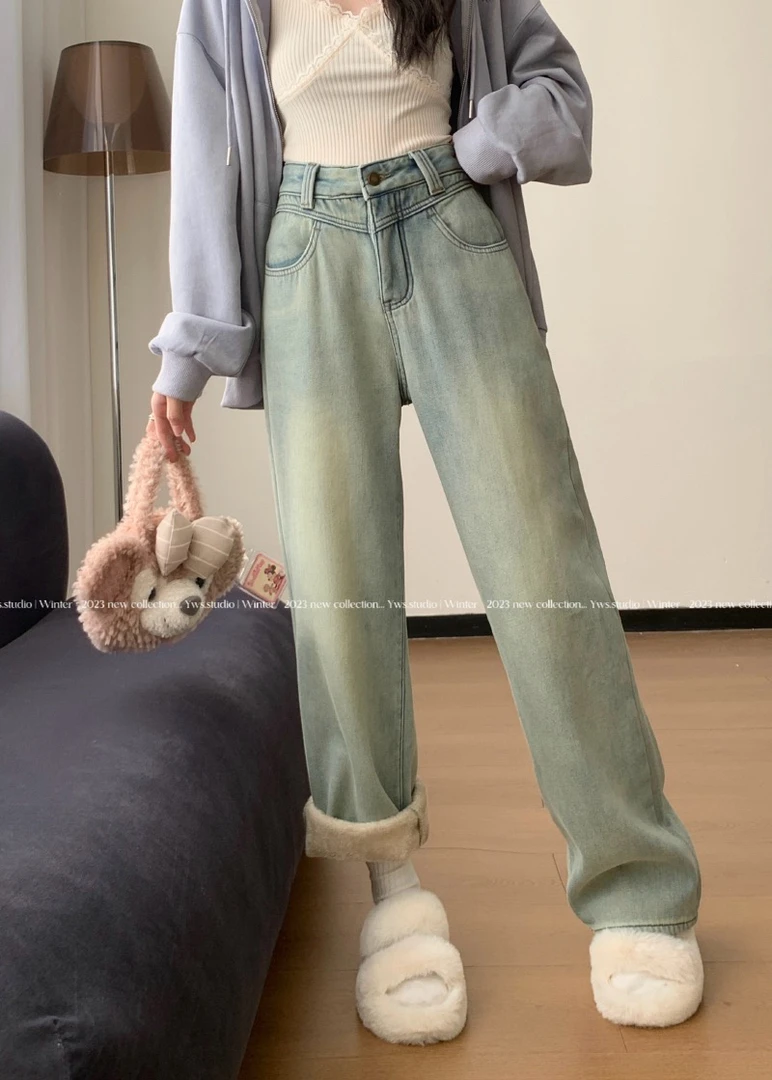 秋冬新款复古加绒加厚直筒牛仔裤女宽松显瘦阔腿拖地牛仔长裤女