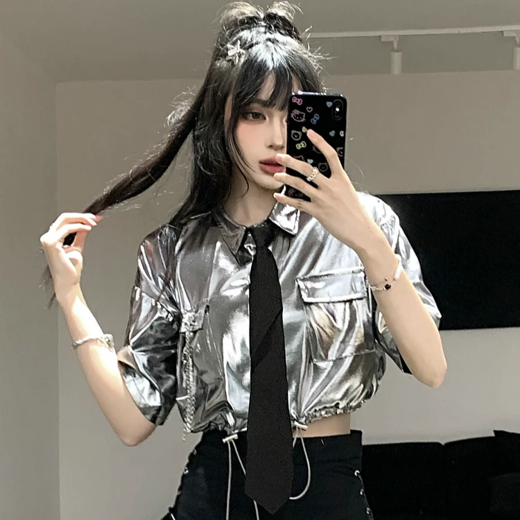 设计感小众银色短袖链条衬衫女宽松显瘦短款高腰工装领带衬衣外套