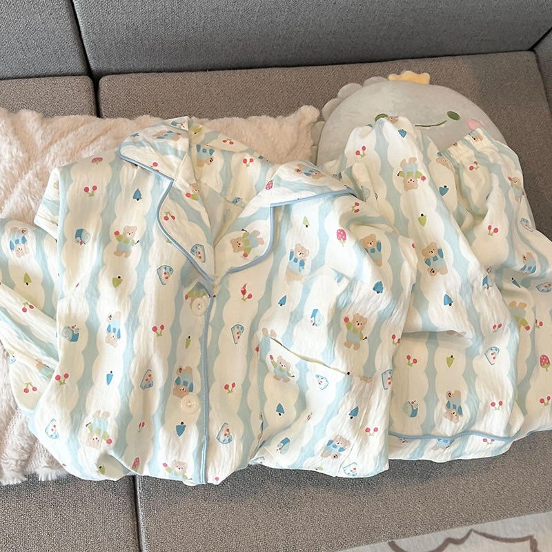 夏季短袖短裤薄款卡通学生家居服套装夏天ins可爱小熊印花睡衣女