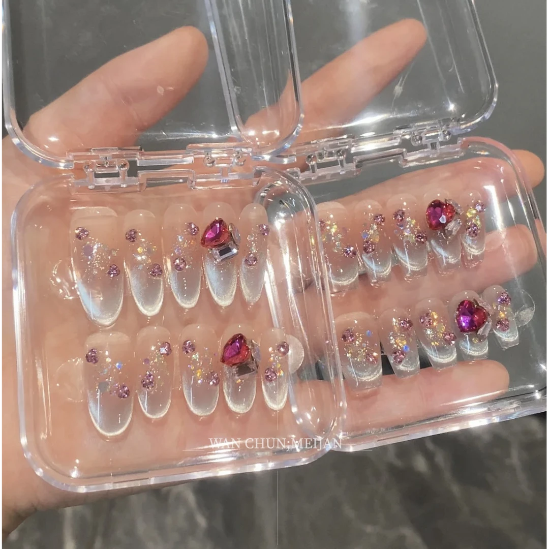 「 冰透蓝 」纯手工光疗腮红蓝色猫眼亮片奢华碎钻显白日常穿戴甲
