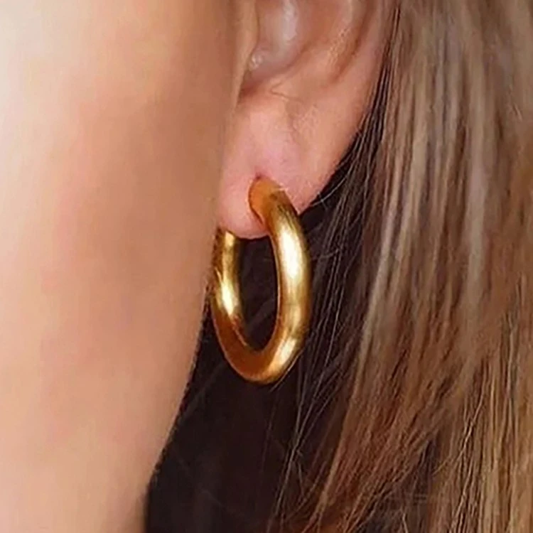 铜合金耳饰 欧美拉丝哑光粗圈耳环金色复古港风耳饰耳钉银色耳圈