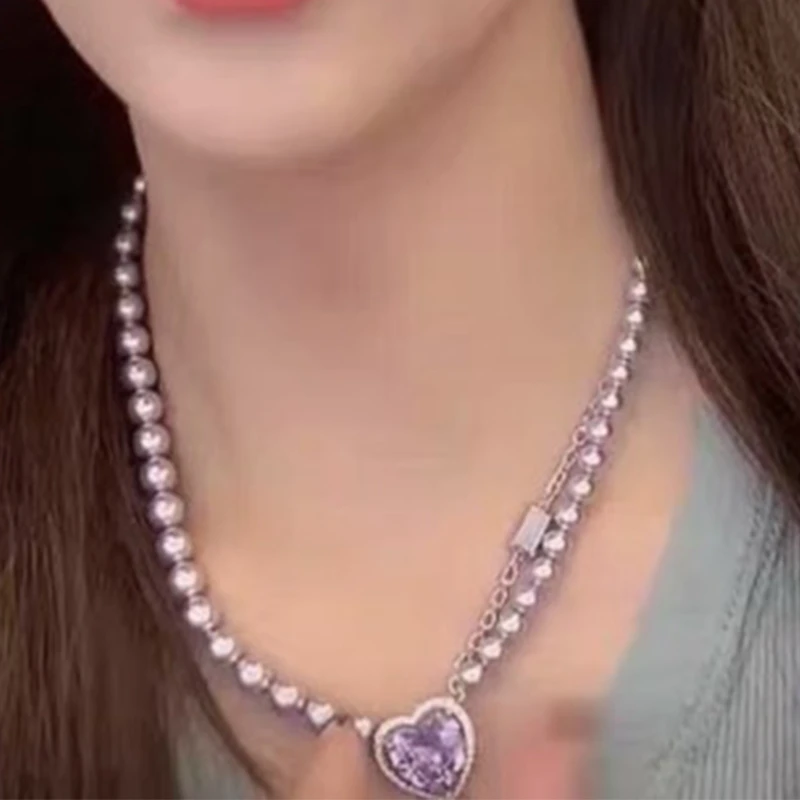 铜合金仿珍珠项链 紫爱心宝石玻璃贝珠拼接项链轻奢高级感锁骨链