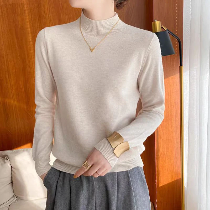 鄂尔多斯市绵羊绒早秋中领宽松显瘦百搭长袖针织打底衫毛衣女