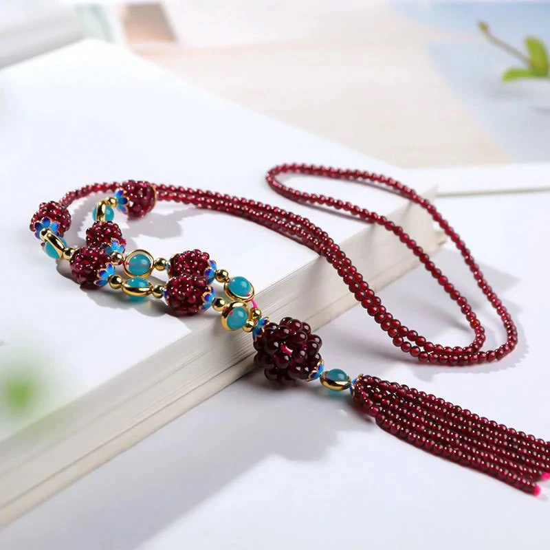 铜合金琉璃项链 新中式百搭气质项链红色饰品长款编绳纯手工