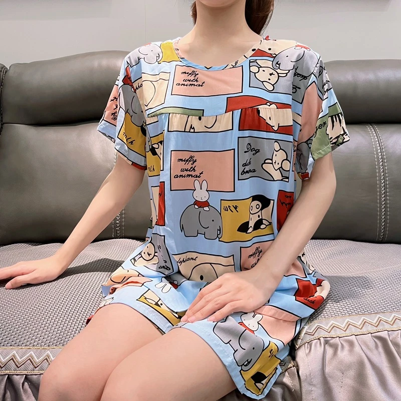 女士夏日清爽凉爽棉绸两件套可爱清新大码人造棉套装家居服休闲装