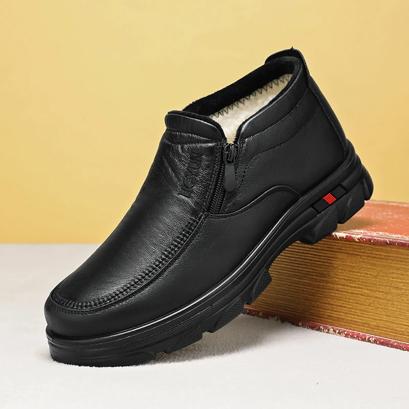 冬季加绒加厚皮面老北京棉靴加绒加厚爸爸鞋保暖绵羊毛雪地靴男鞋