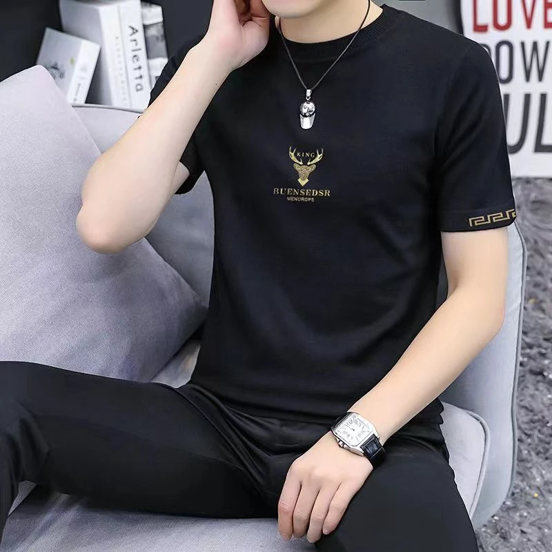 男士小鹿半袖百搭夏季新款休闲潮流修身圆领帅气半袖时尚运动薄款