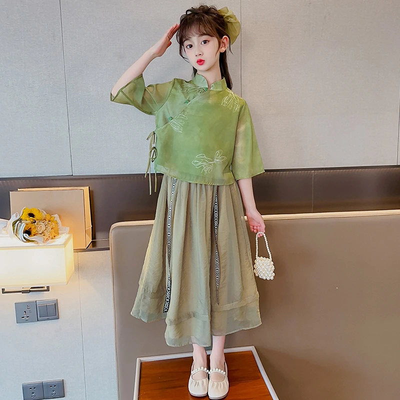 女童2025新款套装汉服夏季古风中式民国风汉元素古装女孩气质绣花