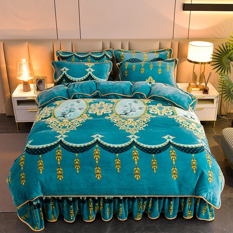 冬季牛奶绒床裙四件套双面加绒被套加厚法兰绒床单珊瑚绒床上用品