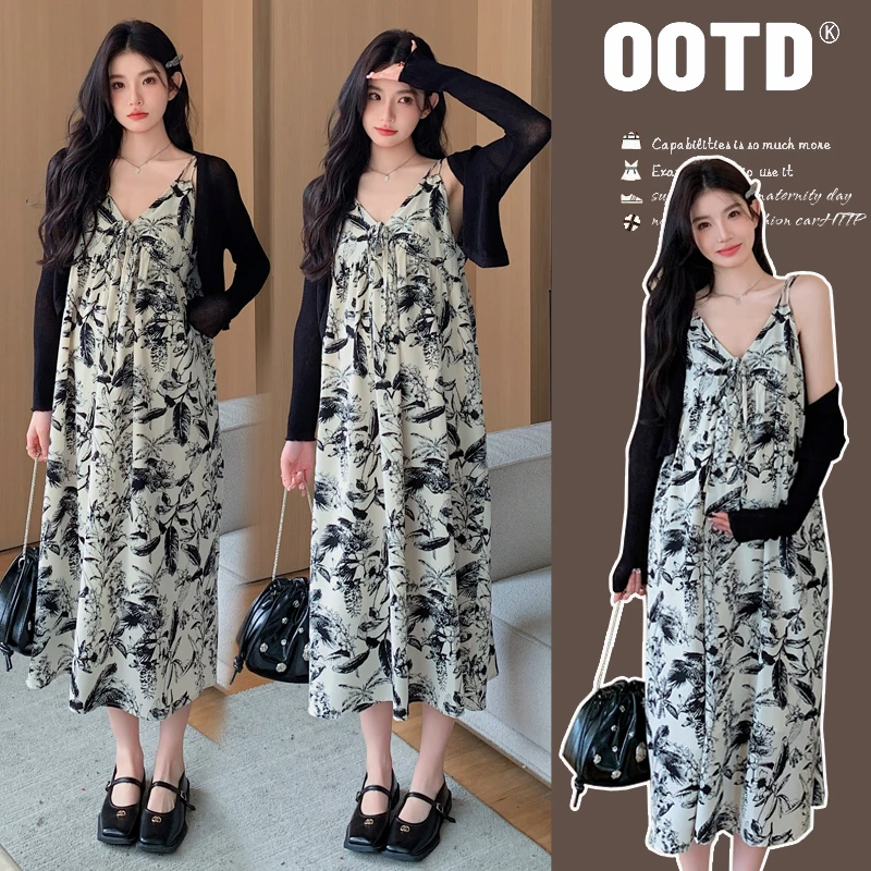 2024夏装韩版时尚宽松碎花显瘦吊带裙孕妇装长款