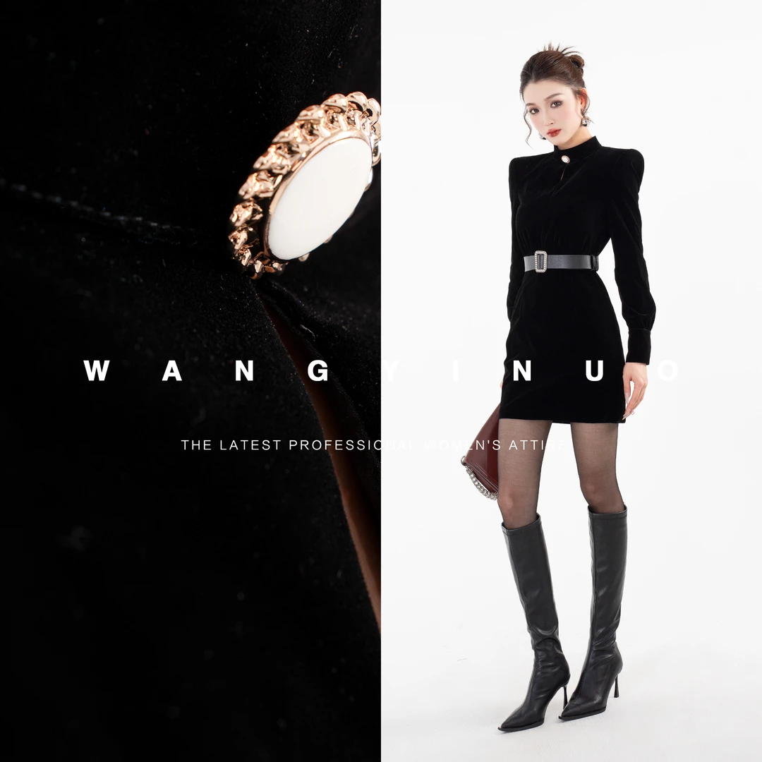 MD现货·依诺【妩媚佳人】2024显瘦设计师优雅黑色丝绒女装连衣裙