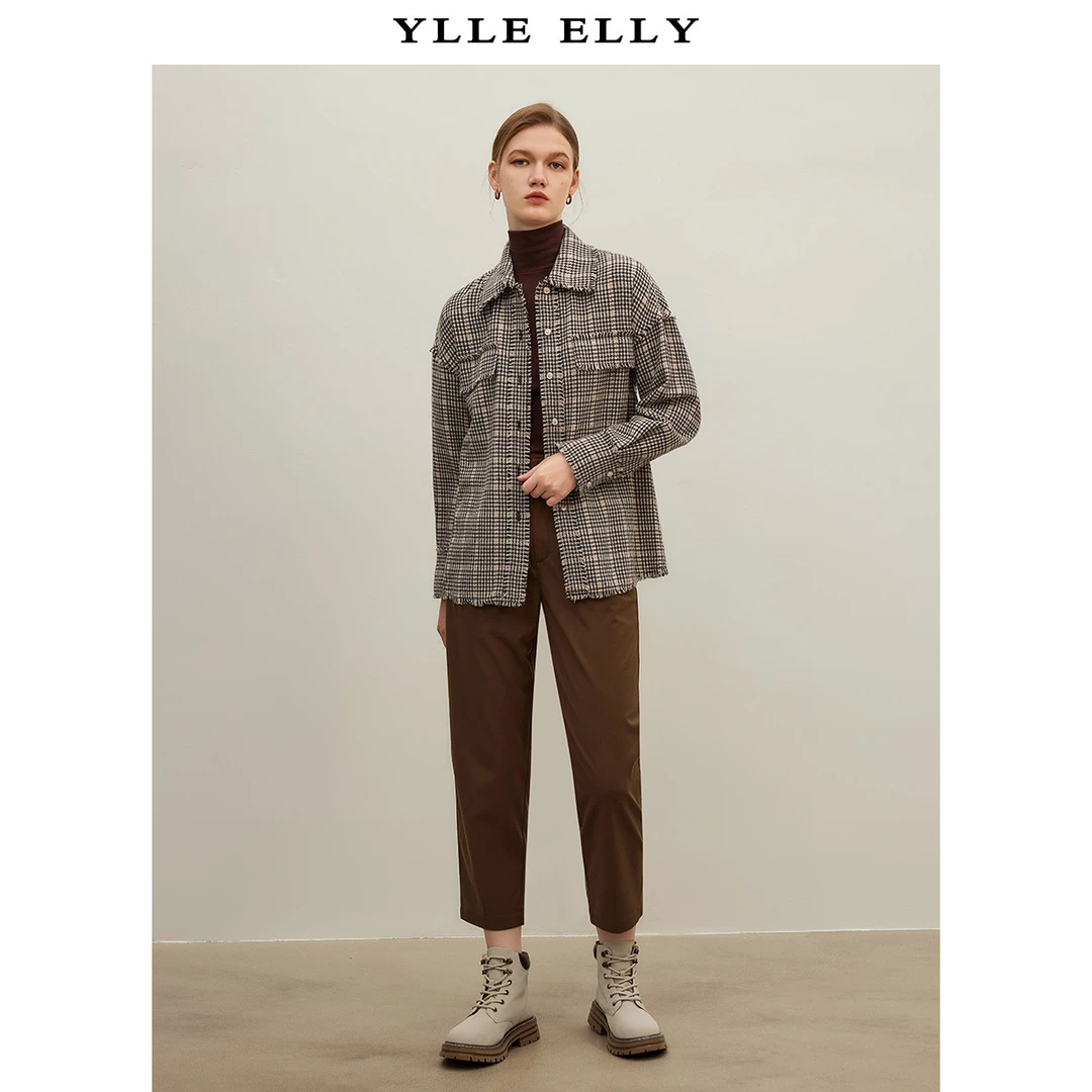 复古撞色格纹衬衫女秋季舒适绵羊毛百搭粗花呢衬衣Y330307