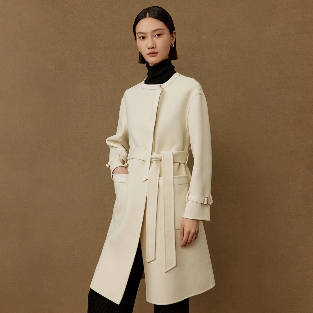 【曼德诗】全羊毛毛呢大衣冬收腰腰带双面呢外套MC426309497