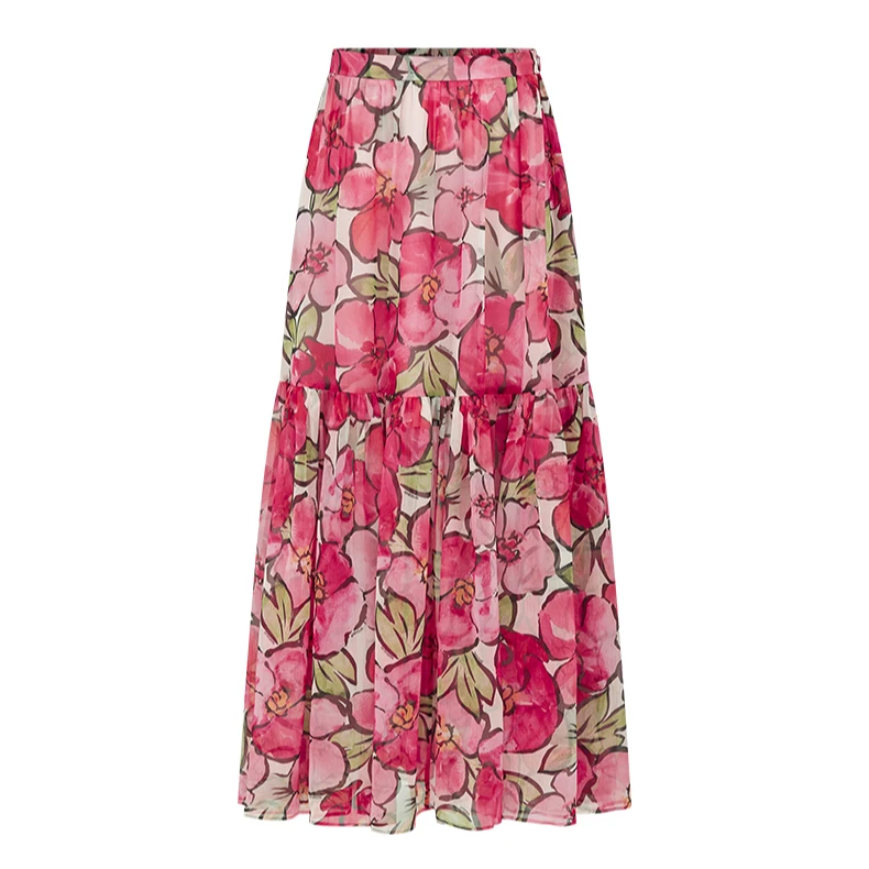 【曼德诗】A摆长裙春装新款裙子时尚肌理印花半身裙M207308447