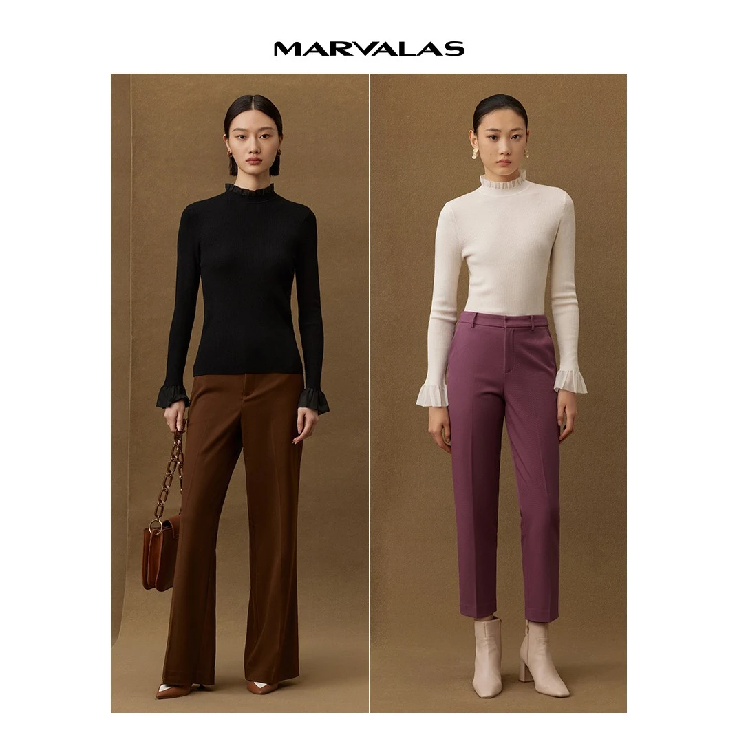 【商场同款】曼德诗全羊毛针织衫秋冬荷叶边袖口领口打底衫M730999