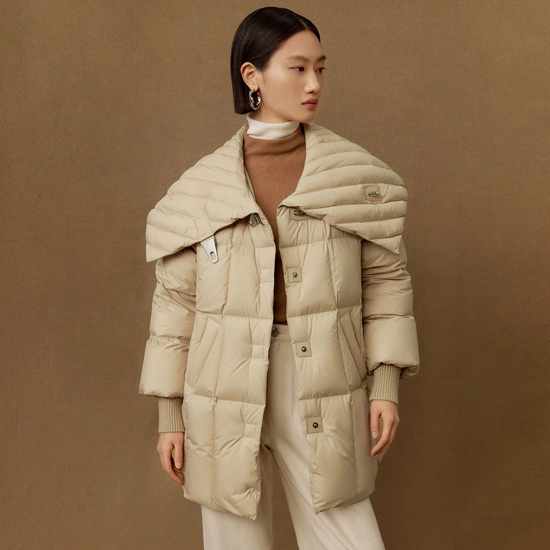 【曼德诗】大翻领保暖羽绒服2023冬季款90白鸭绒外套MC427309370