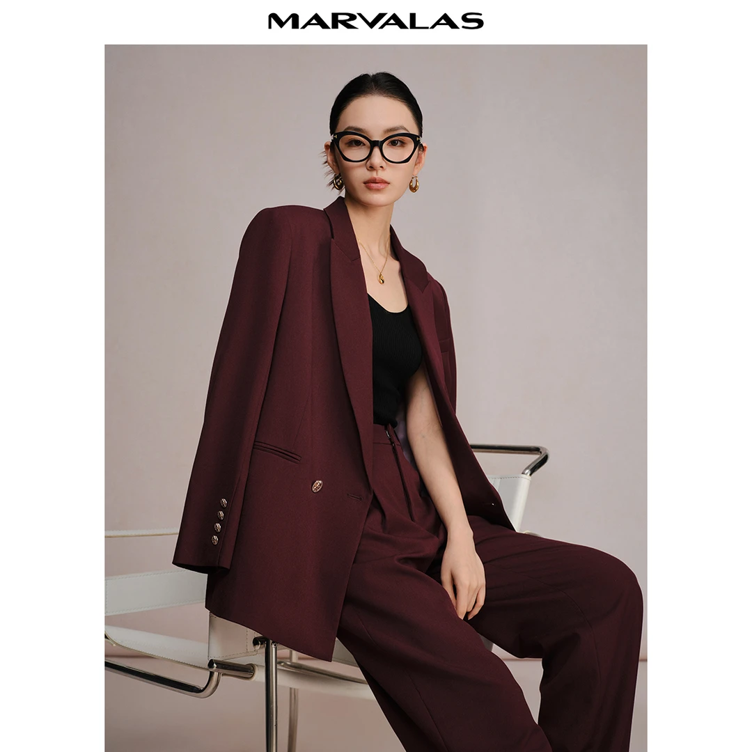 曼德诗安哥拉红纯色西装2023秋冬绵羊毛混纺气质外套M423306605