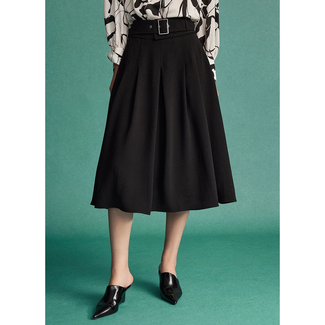 【商场同款】曼德诗高腰半身裙2023春纯色气质A字裙M207303378