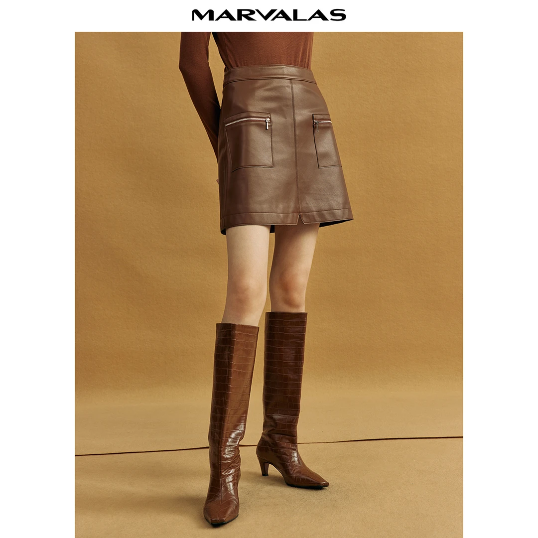 曼德诗皮裙半身裙女2022秋冬季新款黑色pu皮裙高腰a字裙#M210391