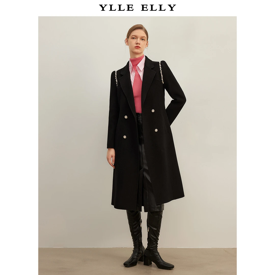 时髦通勤毛呢大衣女冬季钻链装饰设计感双面呢长外套Y426302838