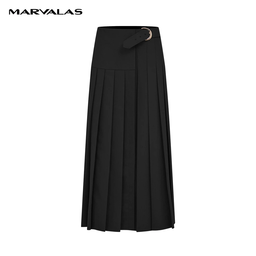 【商场同款】曼德诗百褶A摆长裙春高腰半身小黑裙M207308556