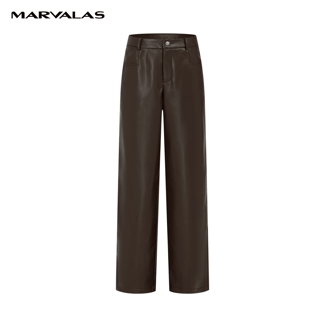 【专柜同款】M104306427曼德诗高腰皮裤女2023冬季环保抗皱休闲长裤