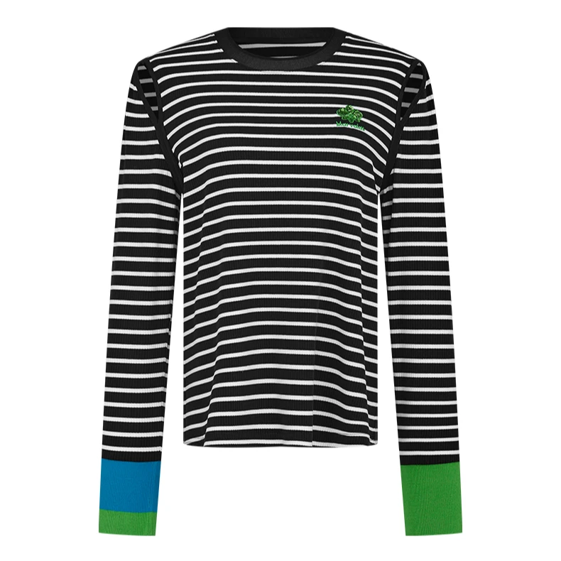 【商场同款】曼德诗设计感T恤新款经典黑白条纹长袖上衣M313308926